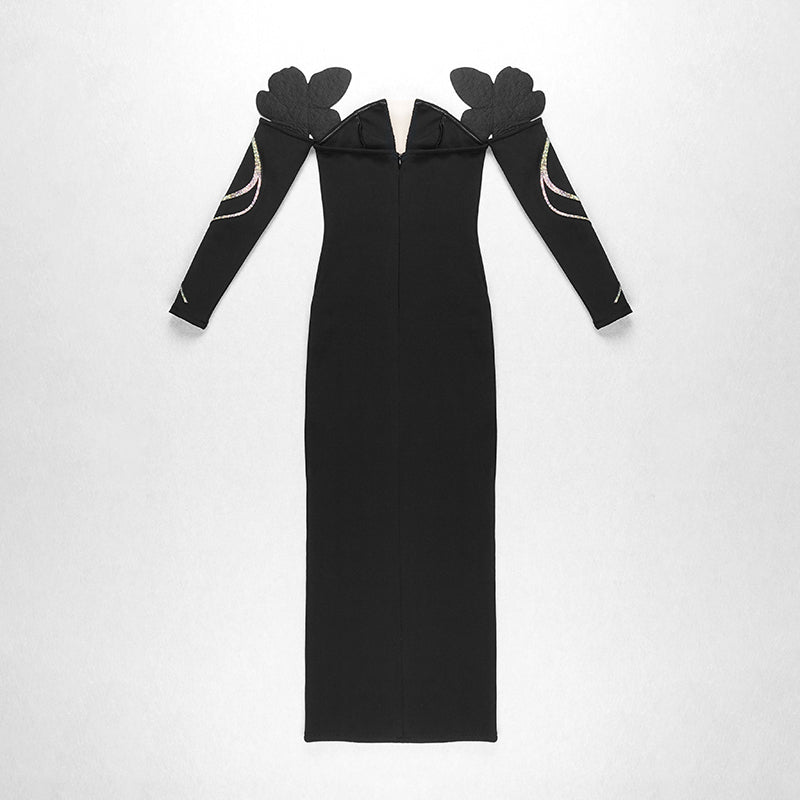 Long Sleeve Flower Detail Maxi Dress Black HV8207