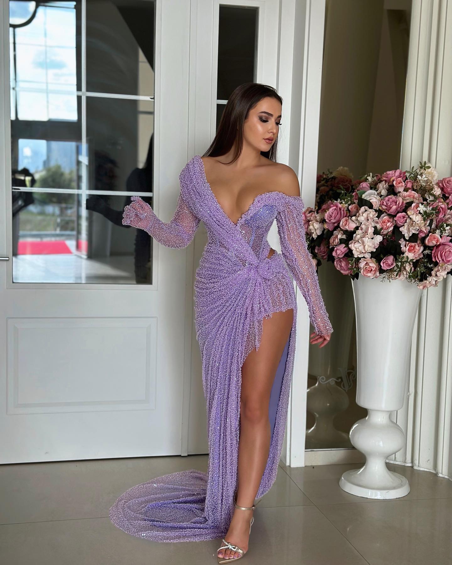 Long Sleeve Floral Sequin Maxi Dress Lavender HV1797