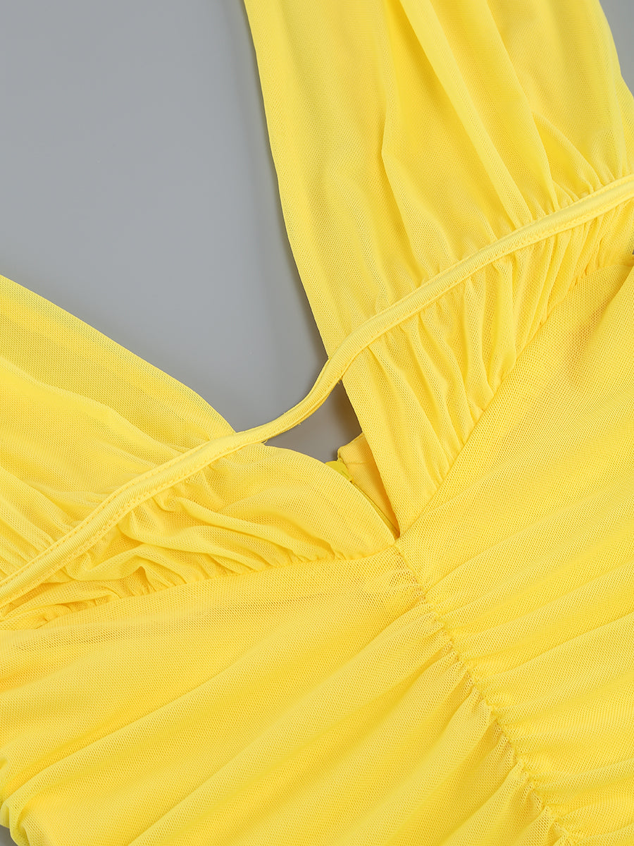 Plunge V Neck Ruched Maxi Dress Yellow HV9828