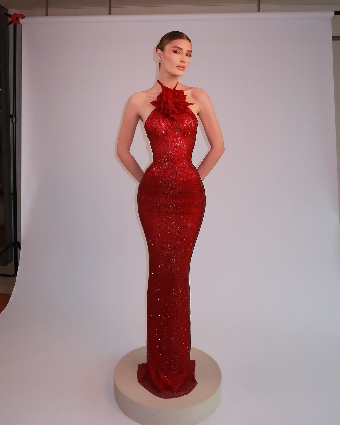 Halter Floral Embellished Maxi Dress Red