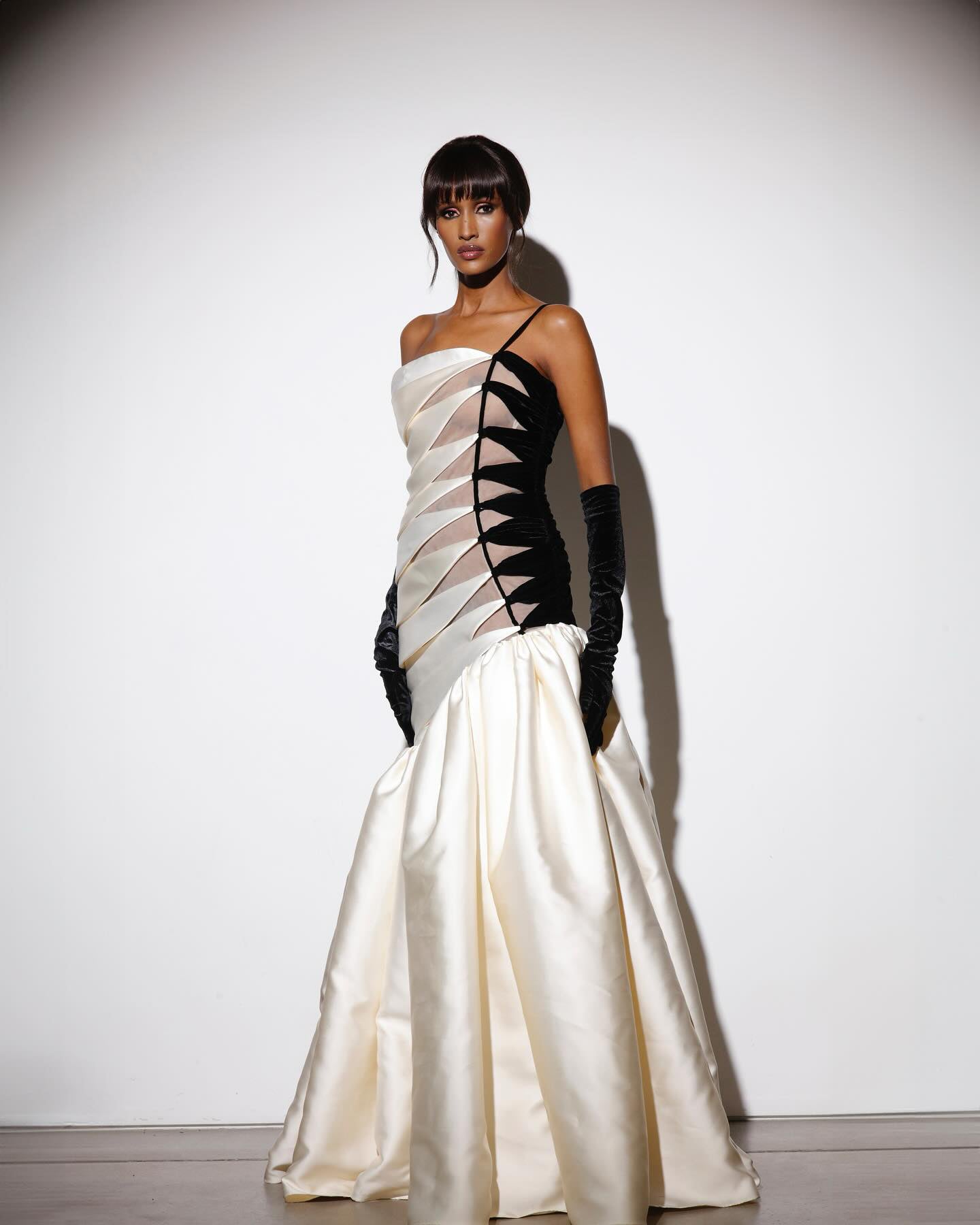 One Shoulder Velvet Insert Maxi Dress Black White HV2075