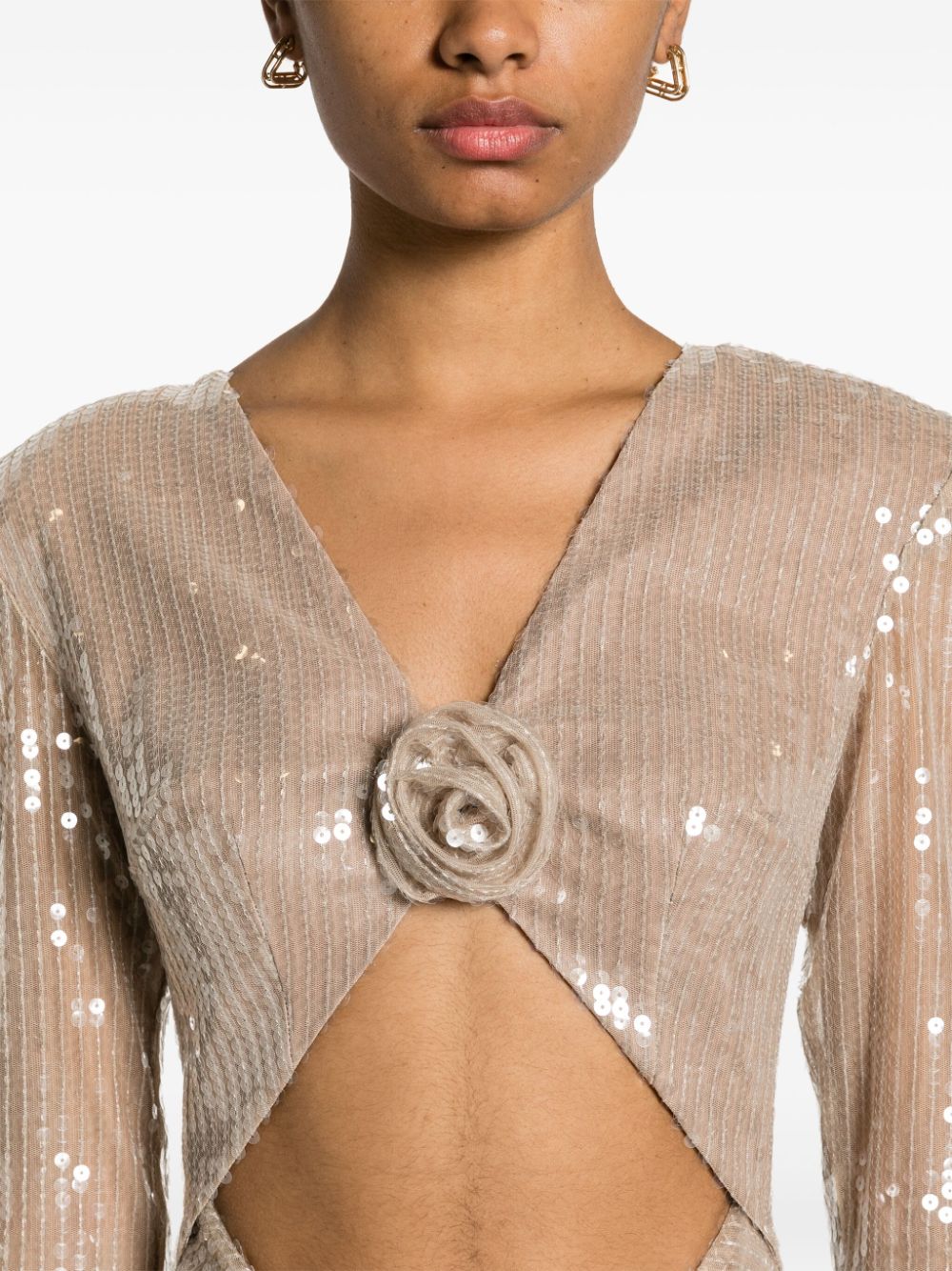 Long Sleeve Flower Sequin Midi Dress Nude HV1086