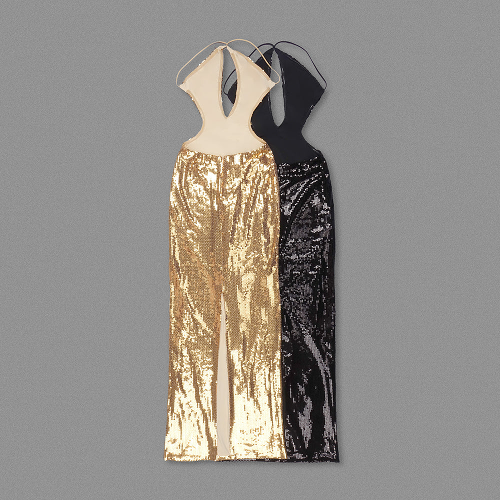 Halter Backless Sequin Maxi Dress Black HV9660