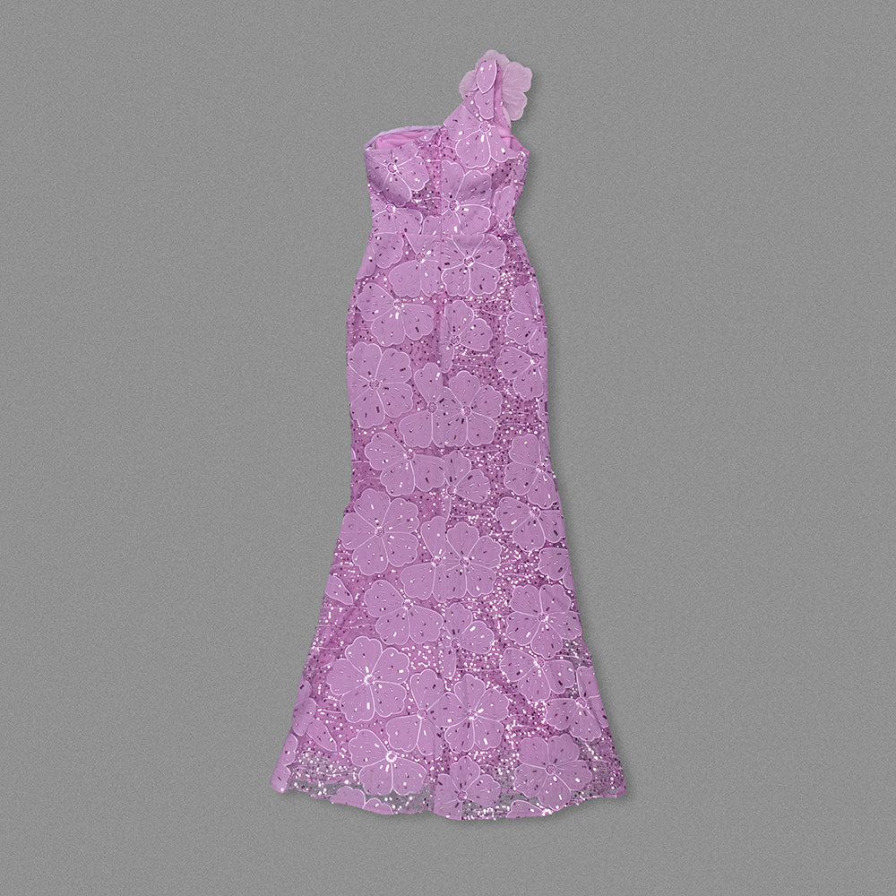 One Shoulder Floral Sequin Maxi Dress Lavender HV1711