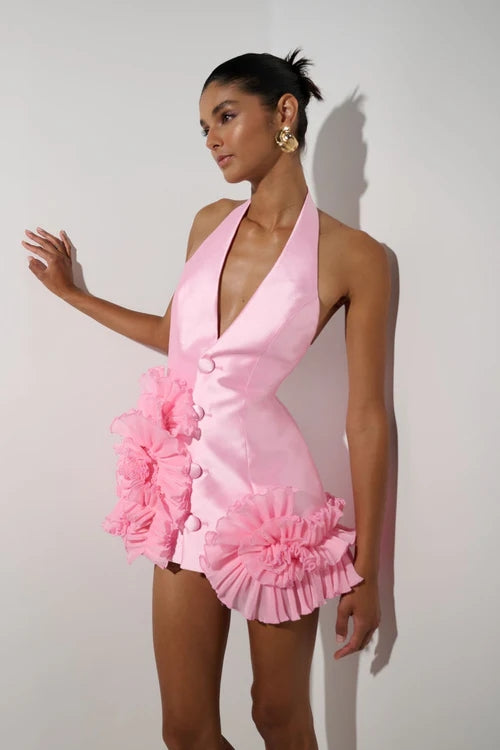 Halter Floral Ruffle Detail Dress Pink HV2188