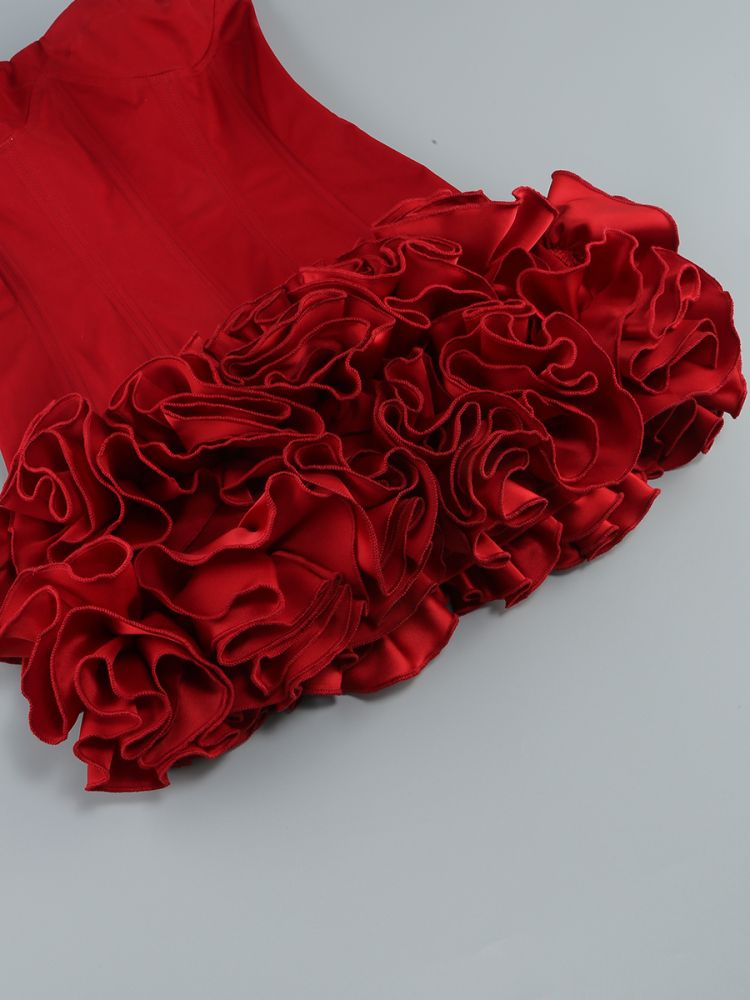 Strapless Corset Floral Ruffle Dress Red HV1645