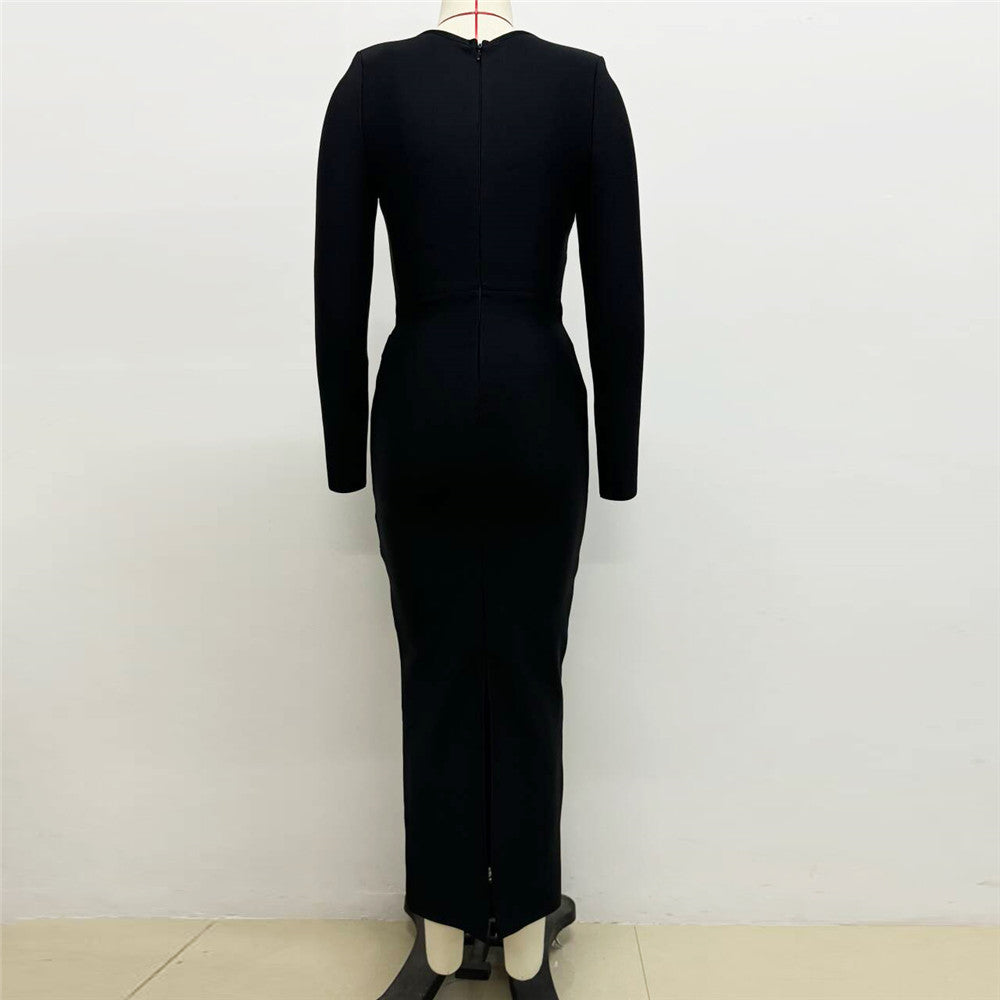 Long Sleeve Crystal Bustier Draped Maxi Dress Black HV2005