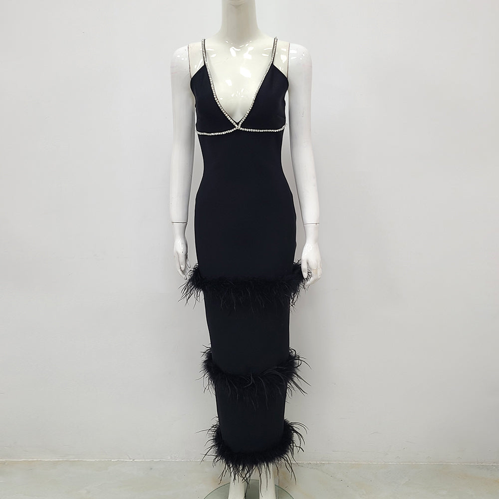 Crystal Trim Feather Detail Maxi Dress Black