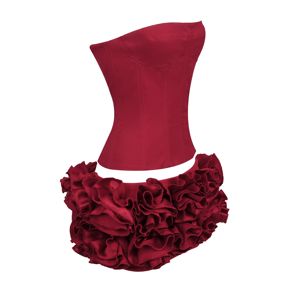 Strapless Corset Floral Ruffle Two Piece Dress Red HV1645