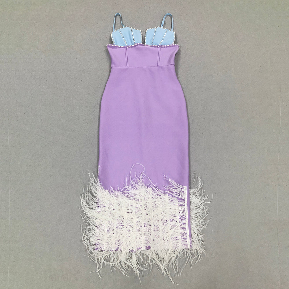 Pearl Bustier Feather Detail Midi Dress Purple HV1800