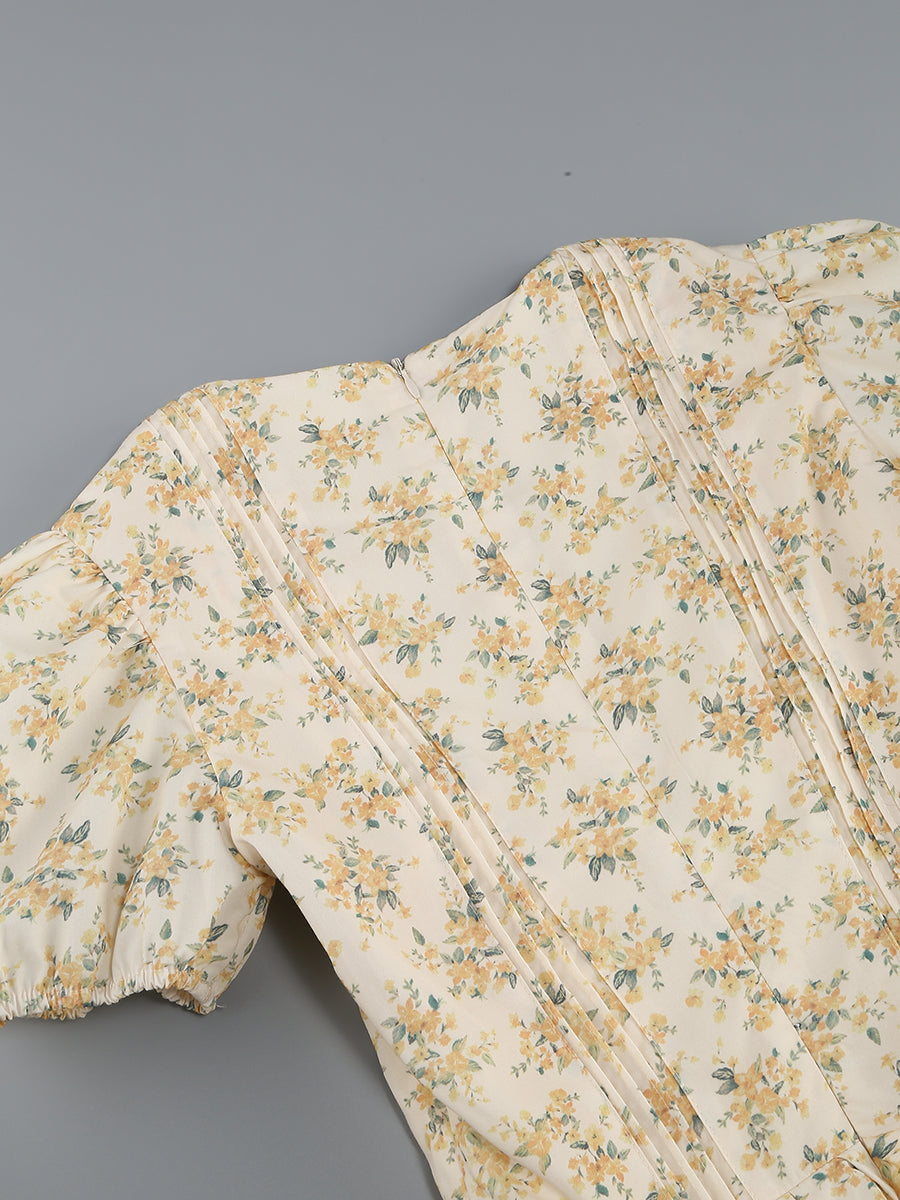 Short Sleeve Floral A Line Dress Yellow HV1205