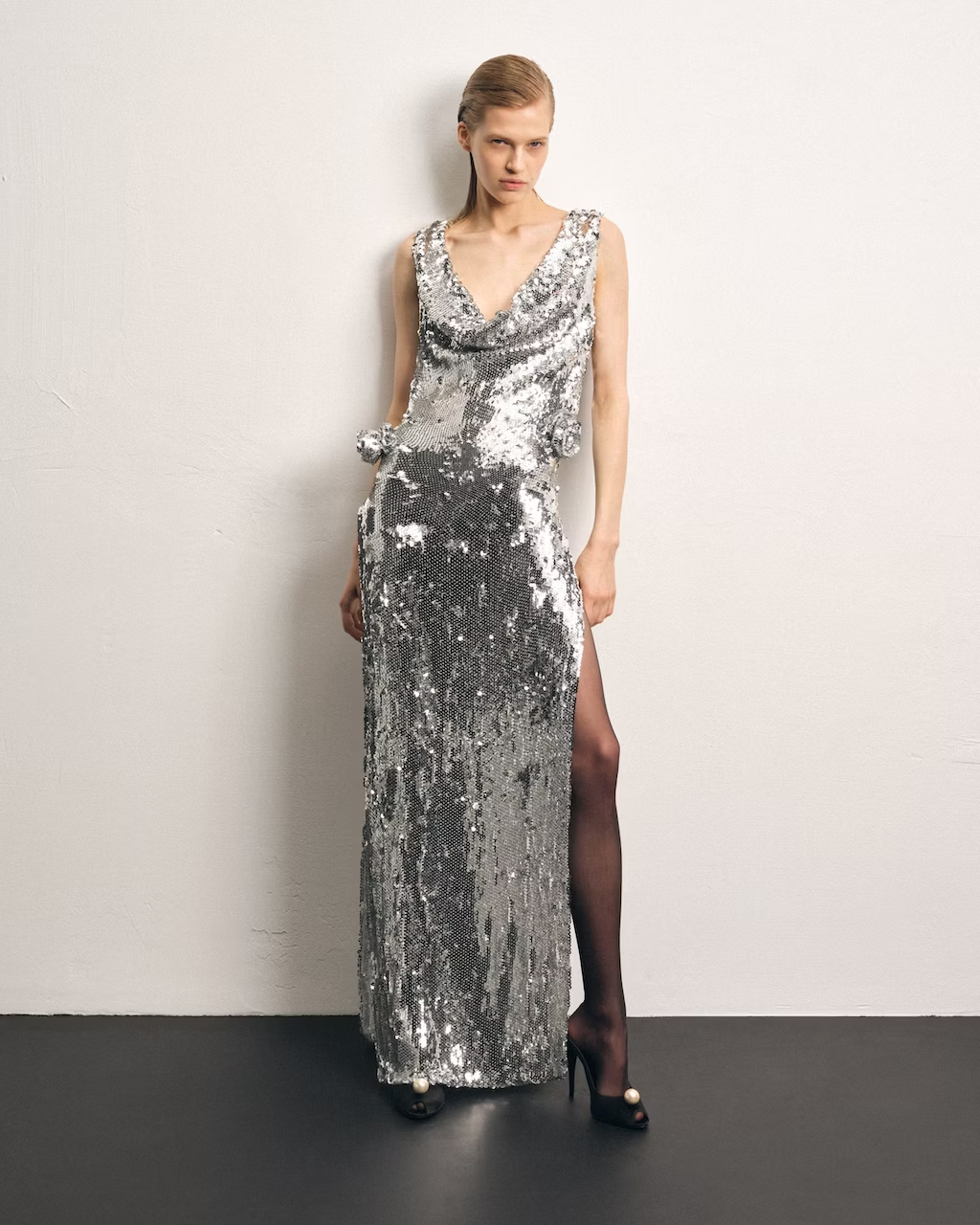 Draped Flower Detail Sequin Maxi Dress Silver HV9309