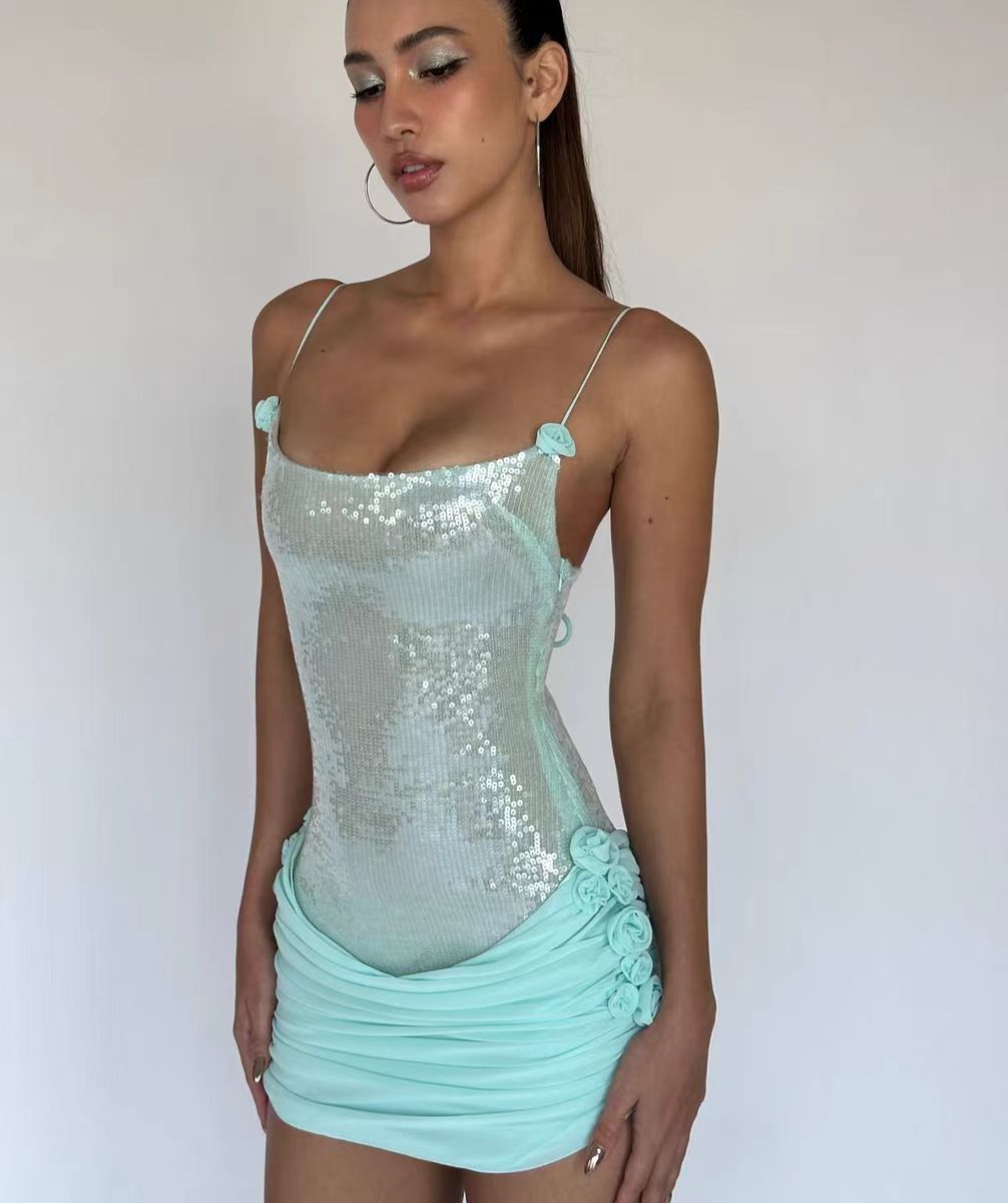 Sequin Floral Draped Corset Dress Green HV2207