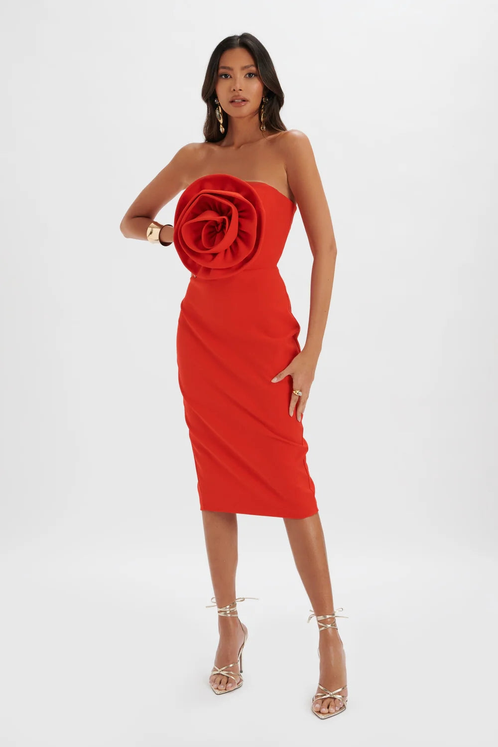 Strapless Flower Detail Midi Dress Red HV1587