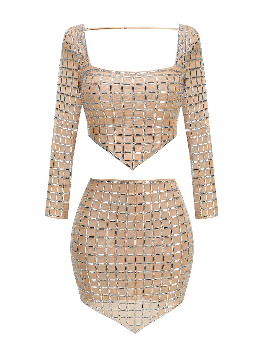 Long Sleeve Embellished Two Piece Dress Nude