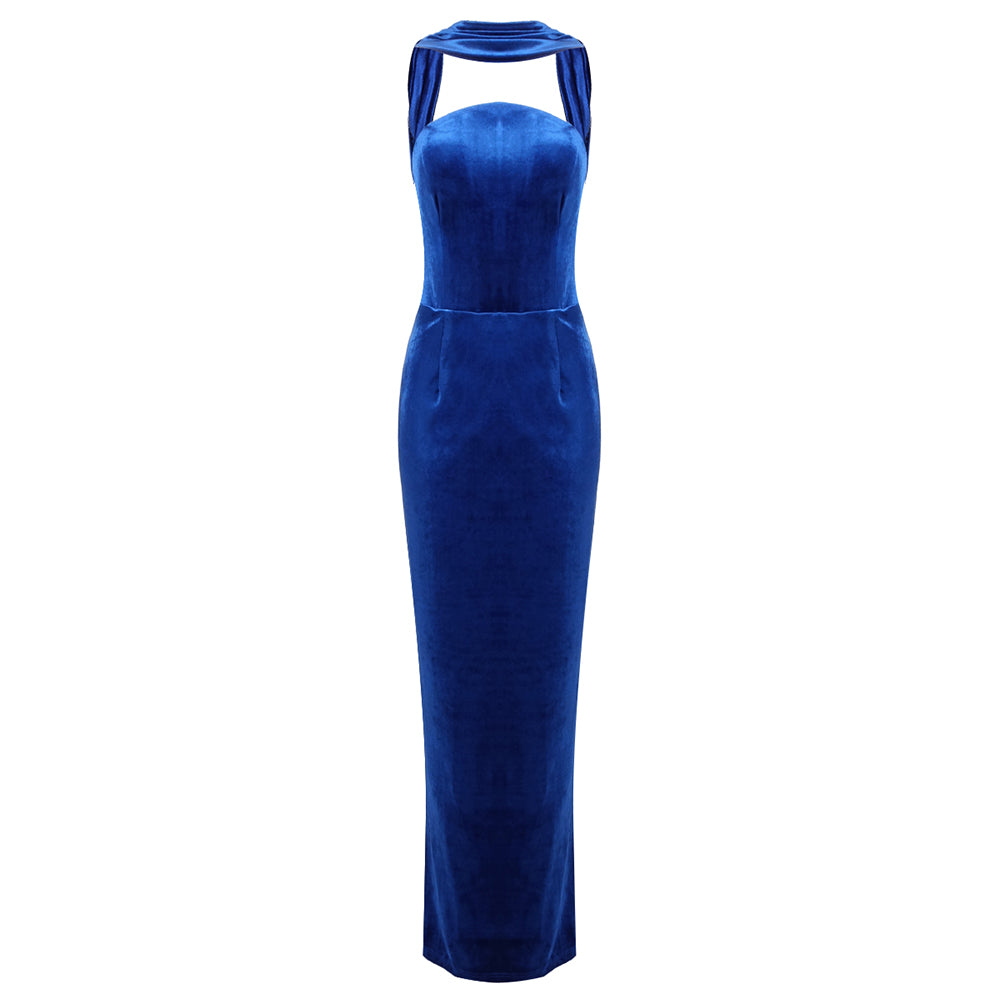 Halter Maxi Velvet Dress Blue HV2031