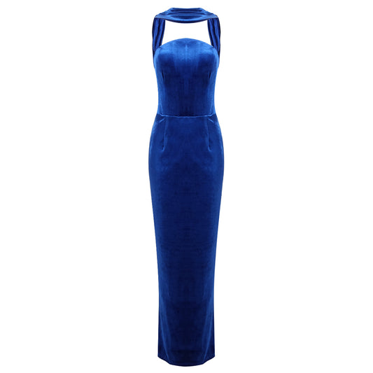 Halter Maxi Velvet Dress Blue HV2031