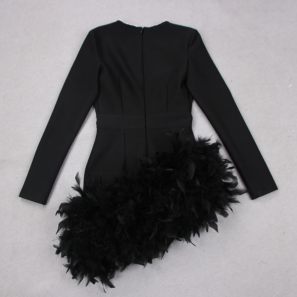 Long Sleeve Rhinestone Feather Dress HV9215