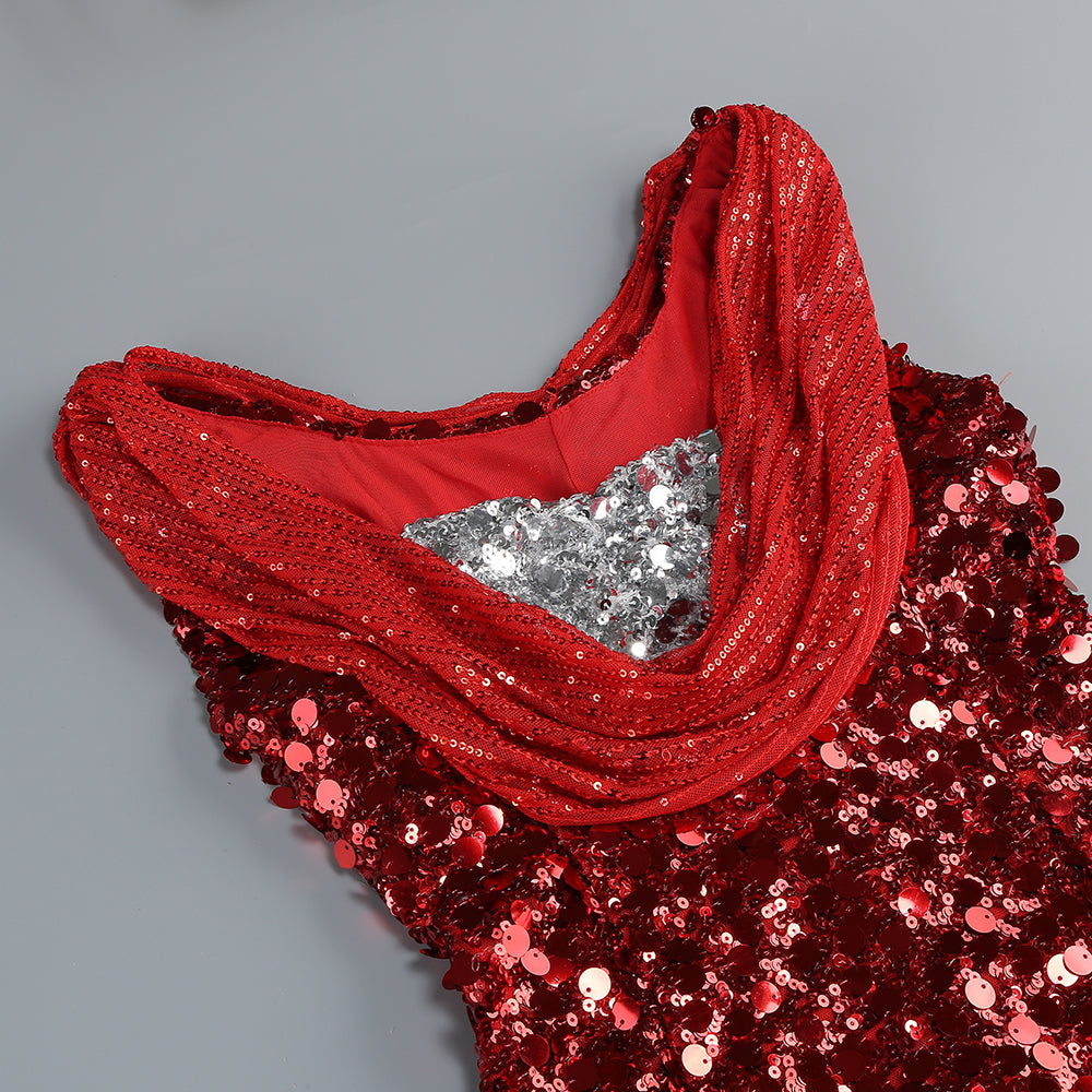 Draped Sequin Maxi Dress Red Silver HV1924