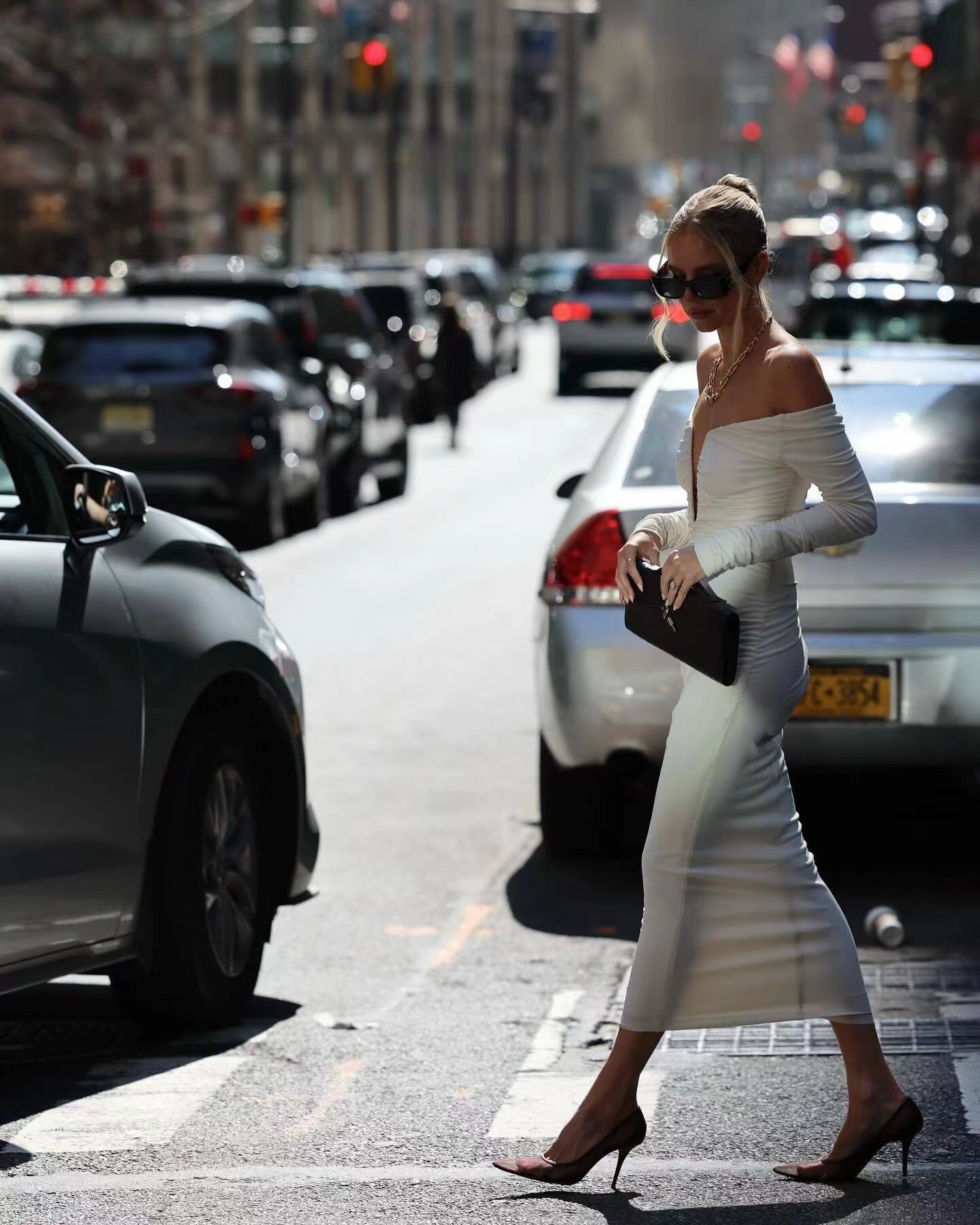 Long Sleeve Ruched Bardot Midi Dress White HV1923