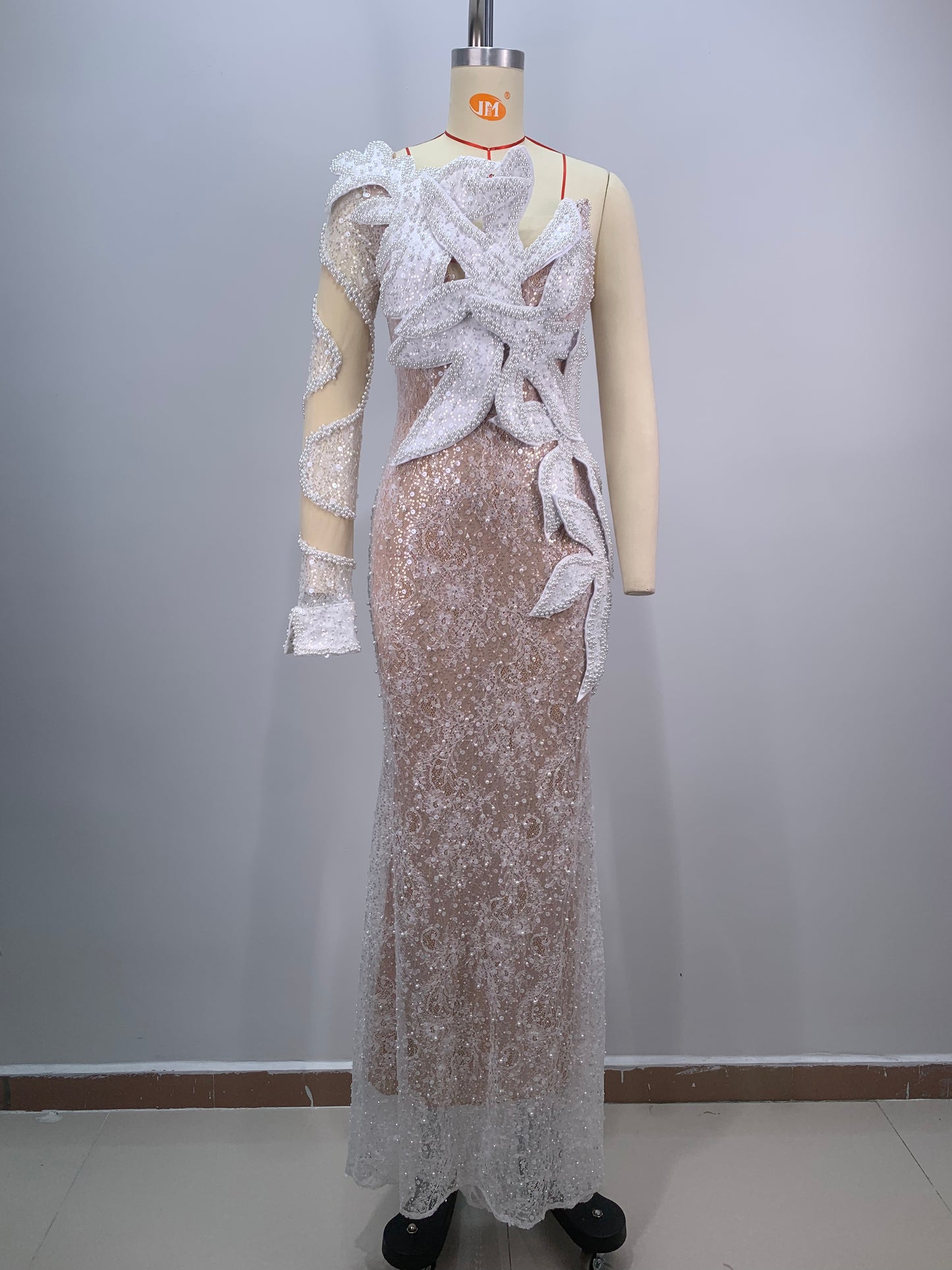 One Sleeve Pearl Sequin Floral Lace Maxi Dress White HV1629