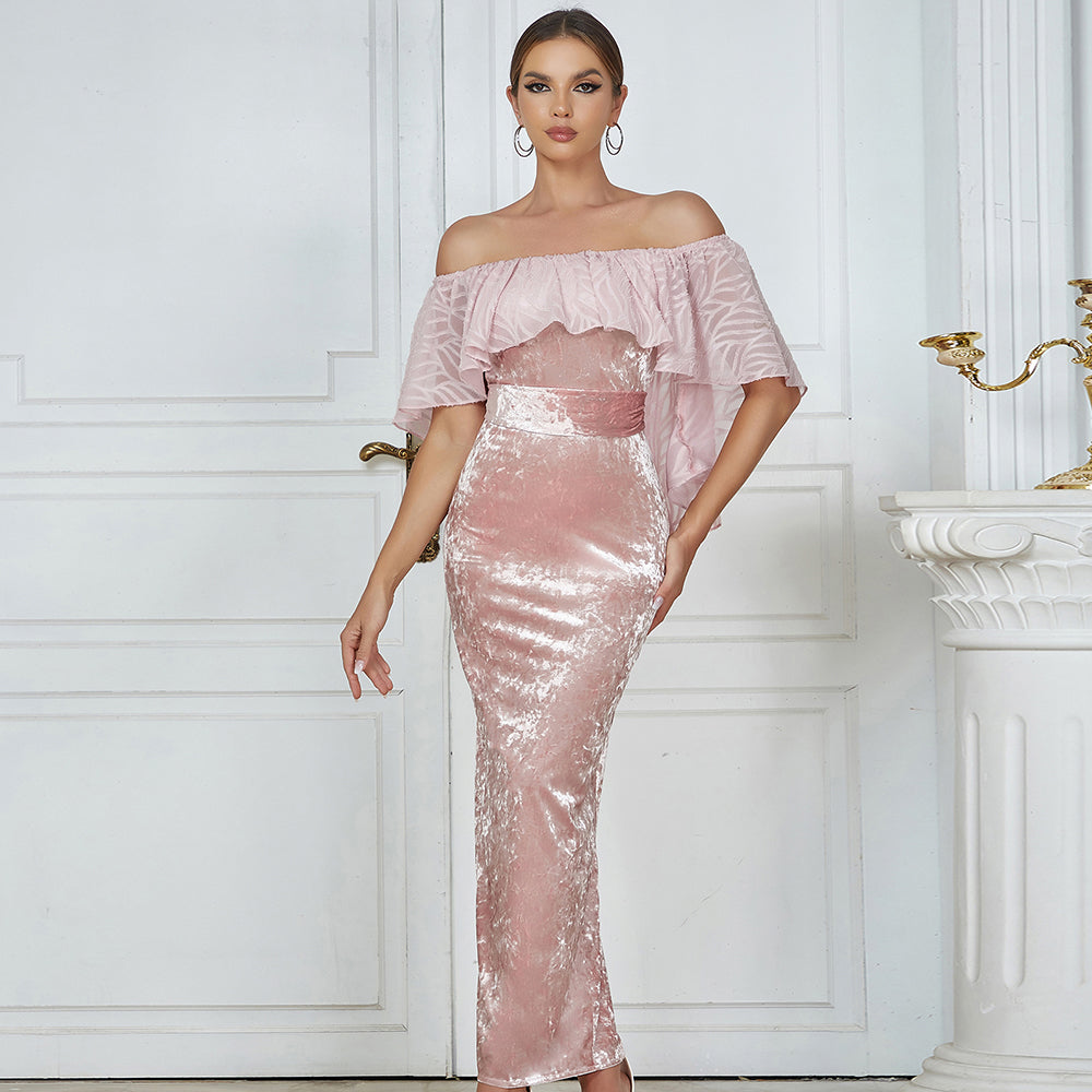 Ruffle Off Shoulder Maxi Velvet Dress Pink HV9754