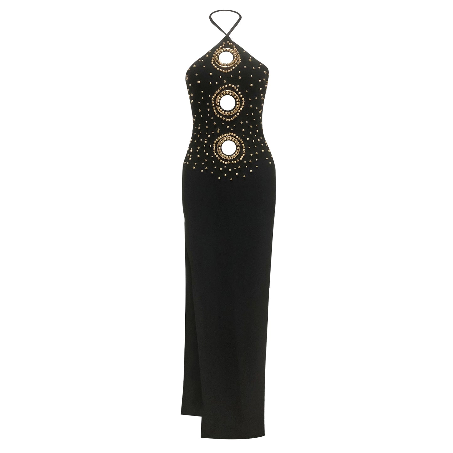 Halter Embellished Cut Out Maxi Dress Black HV2103