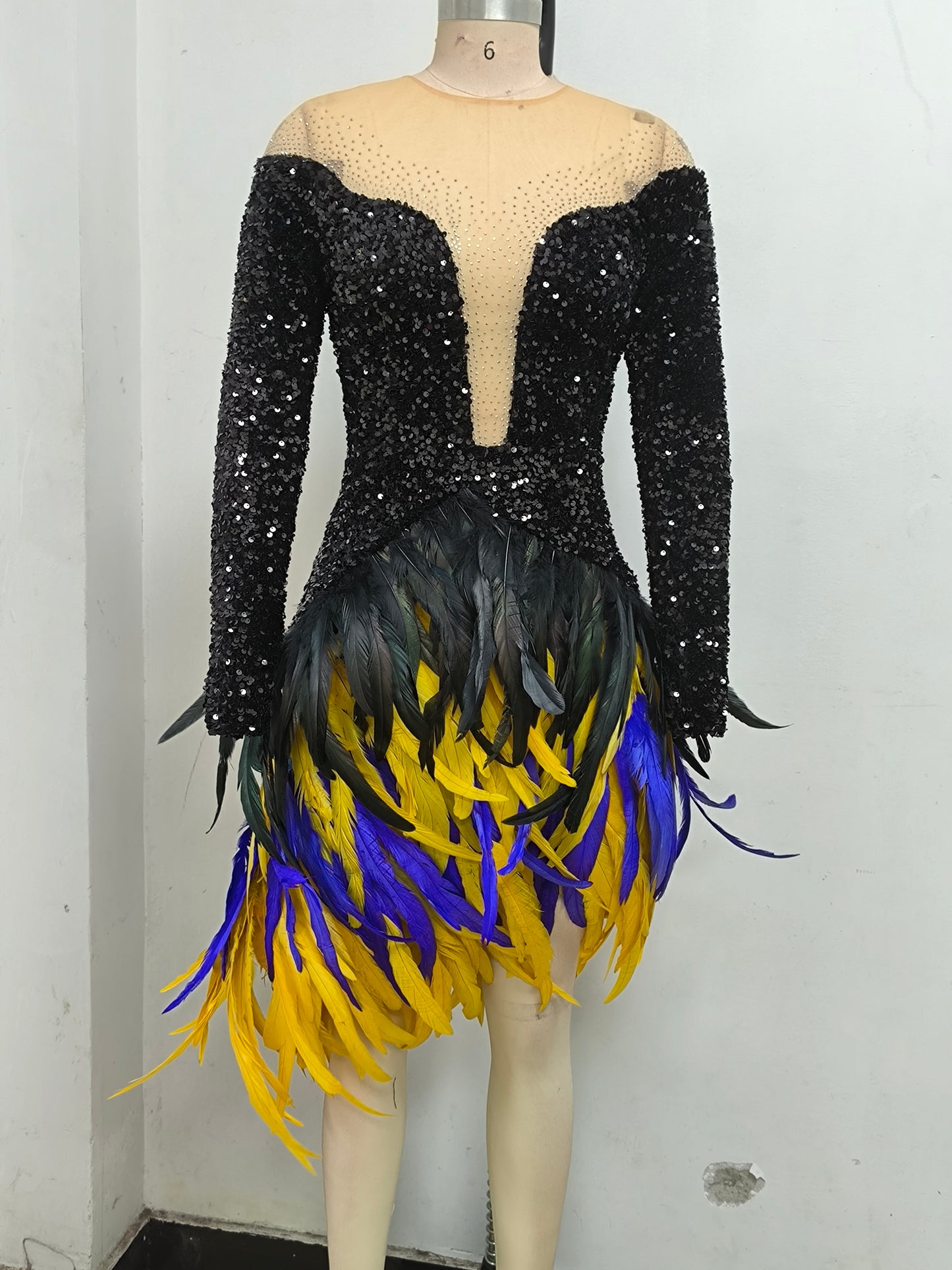 Long Sleeve Sequin Feather Dress Black HV1980