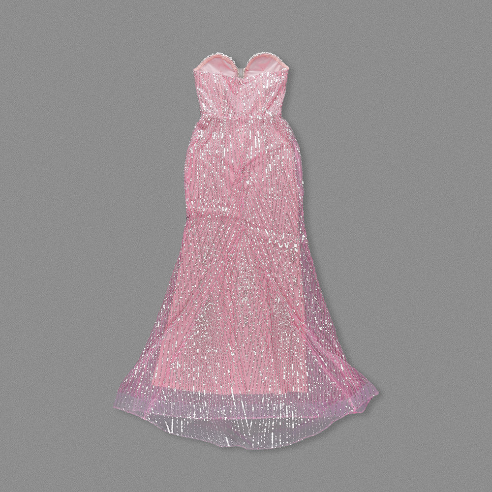 Strapless Crystal Bustier Sequin Maxi Dress Pink HV2017