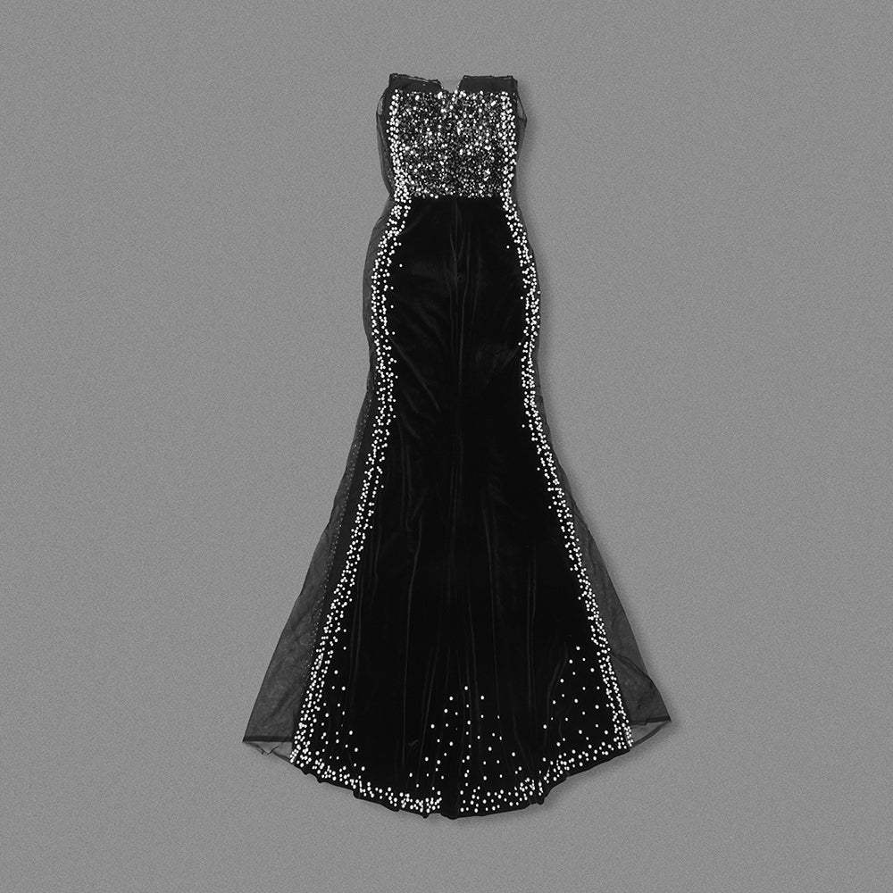 Strapless Crystal Pearl Maxi Velvet Dress Black HV1765