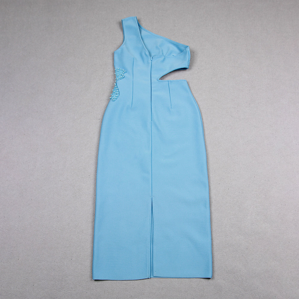 One Shoulder Pearl Flower Midi Dress Blue HV1188