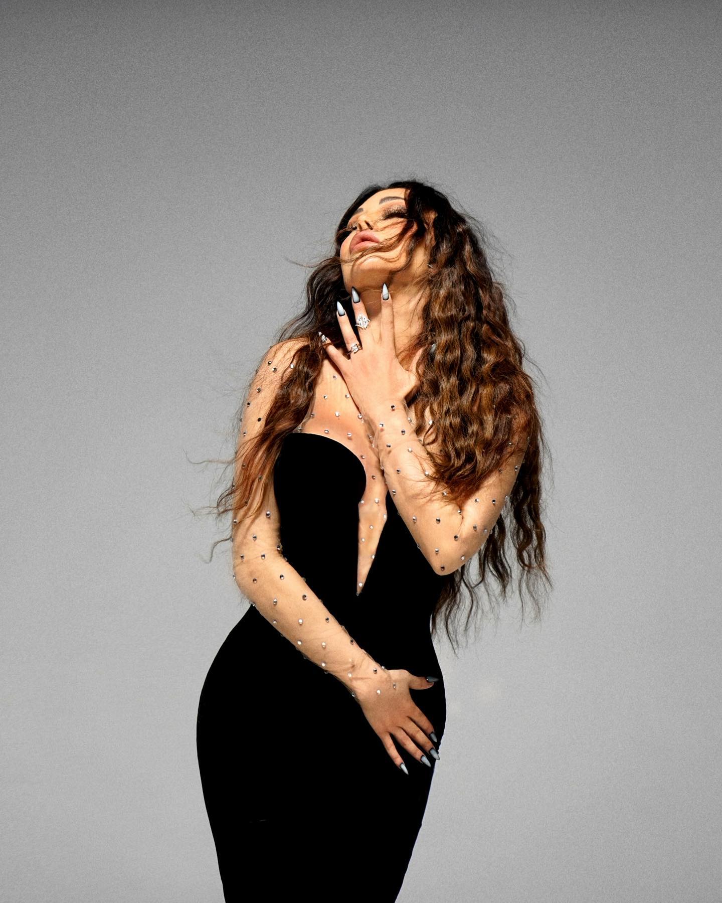 Crystal Mesh Long Sleeve Velvet Maxi Dress Black HV1096