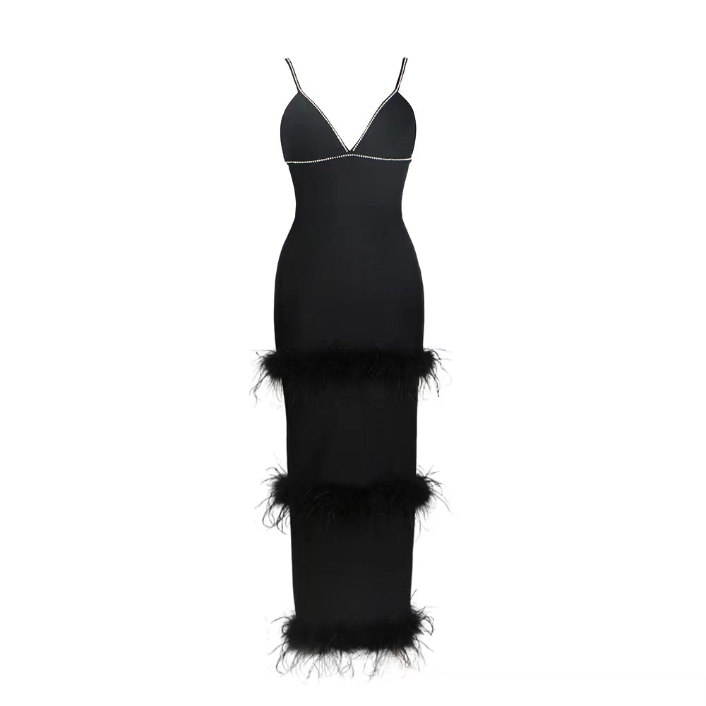 Crystal Trim Feather Detail Maxi Dress Black