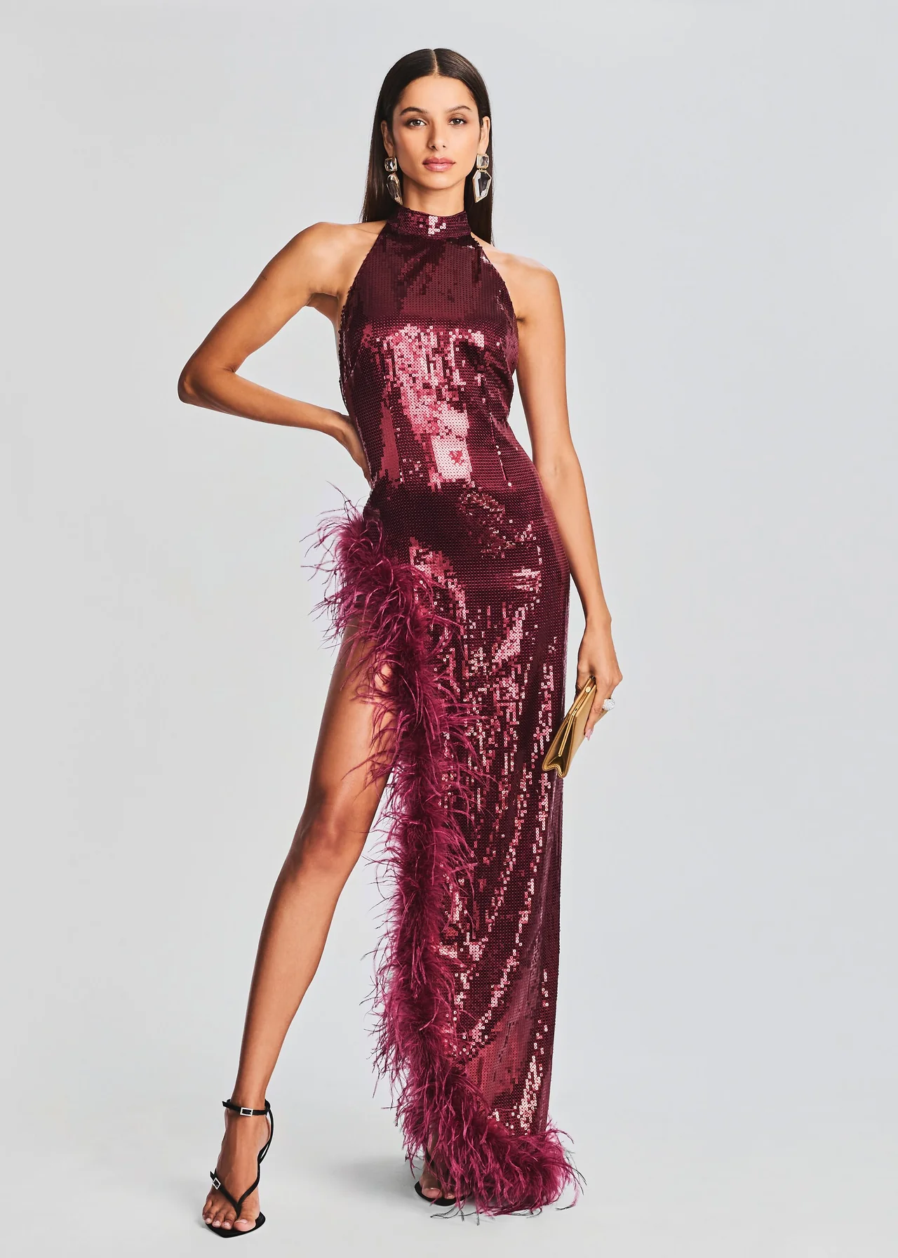 Halter Sequin Feather Maxi Dress Red