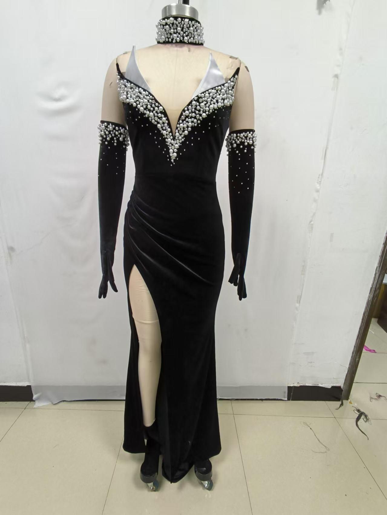 Strapless Sequin Bustier Maxi Velvet Dress Black HV1979