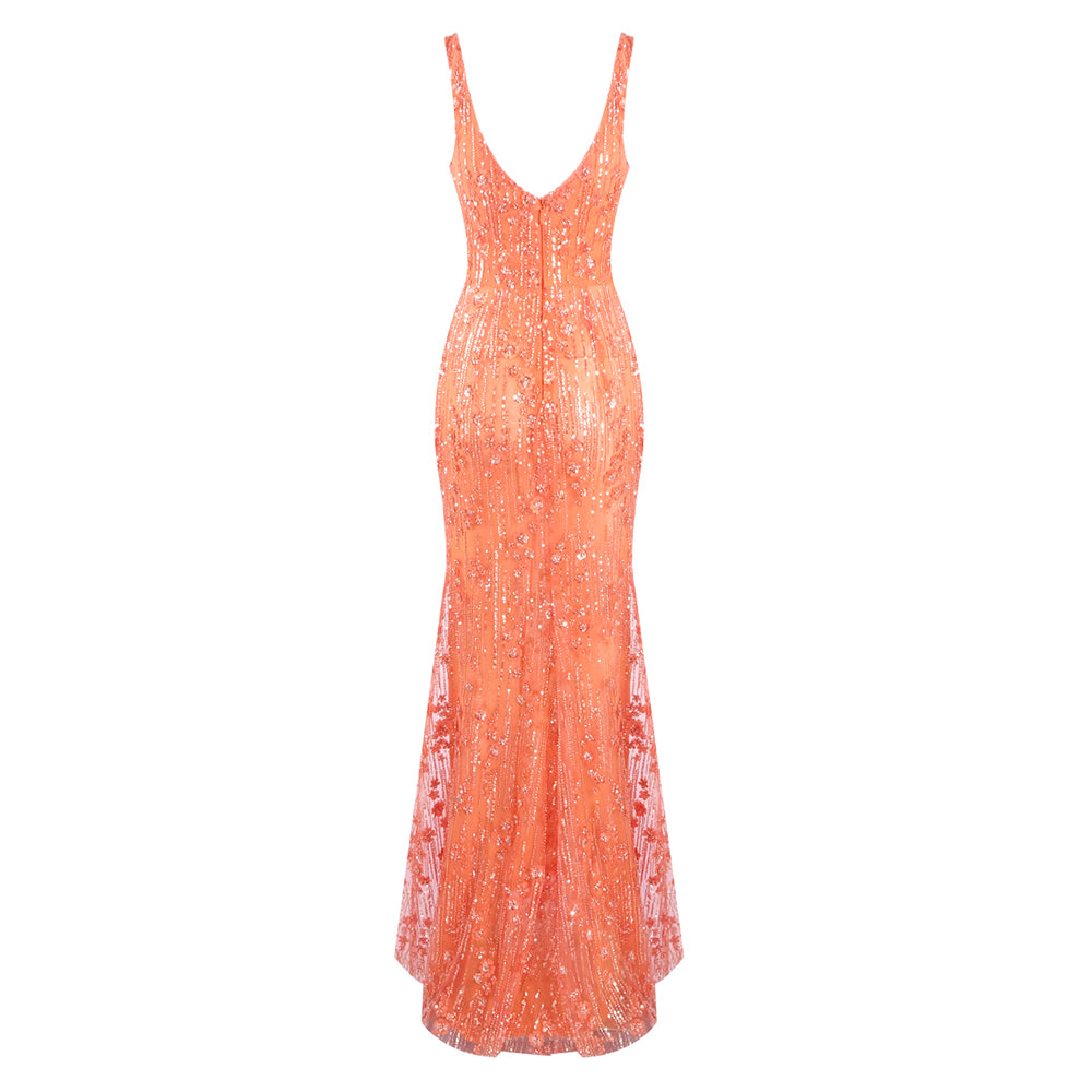 Floral Sequin Mesh Maxi Dress Orange HV2132