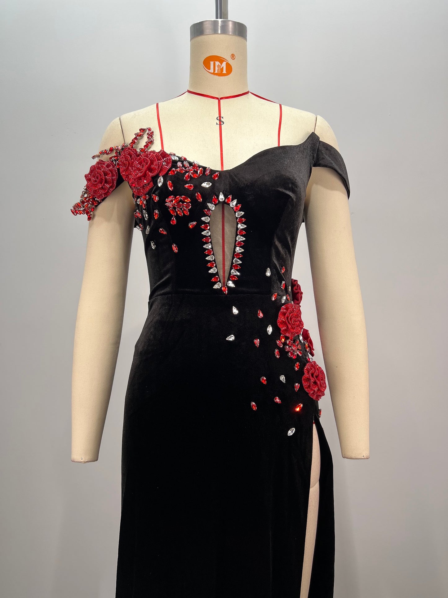Floral Crystal Bardot Maxi Velvet Dress Black Red HV1831