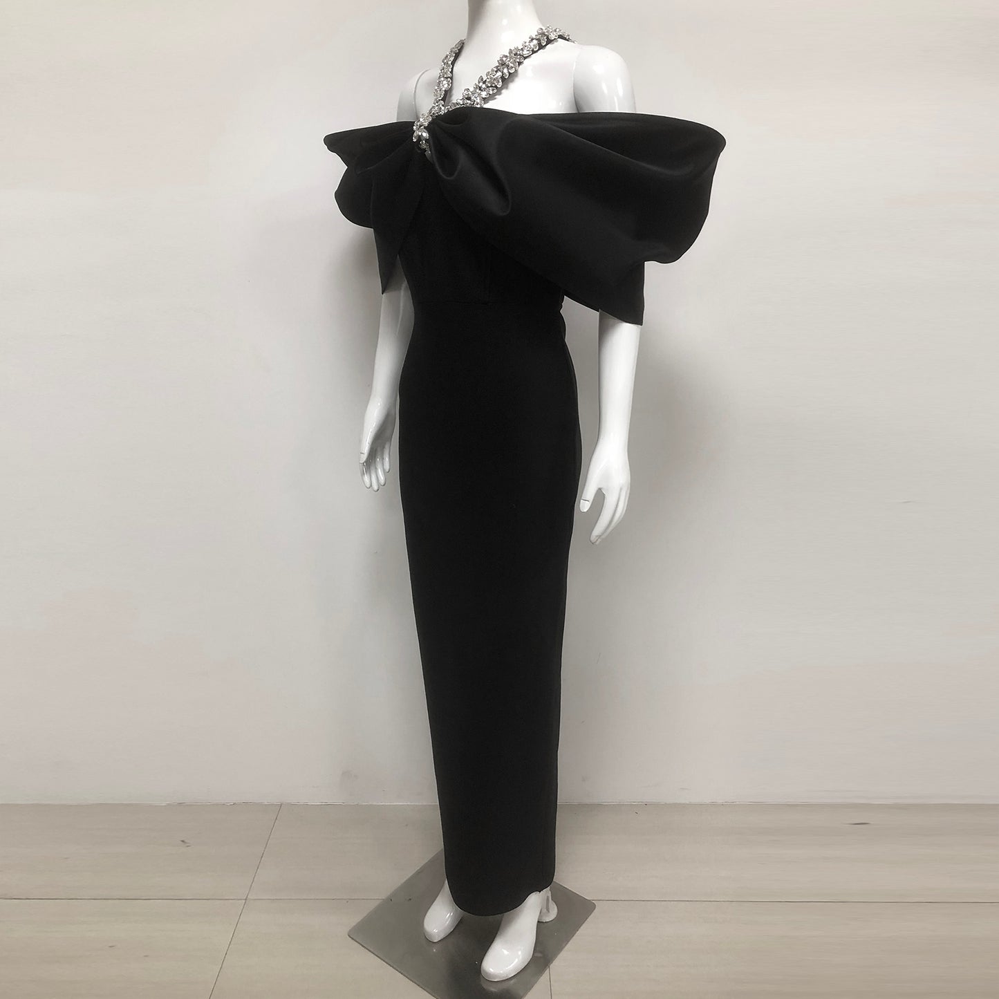 Halter Crystal Draped Bardot Maxi Dress