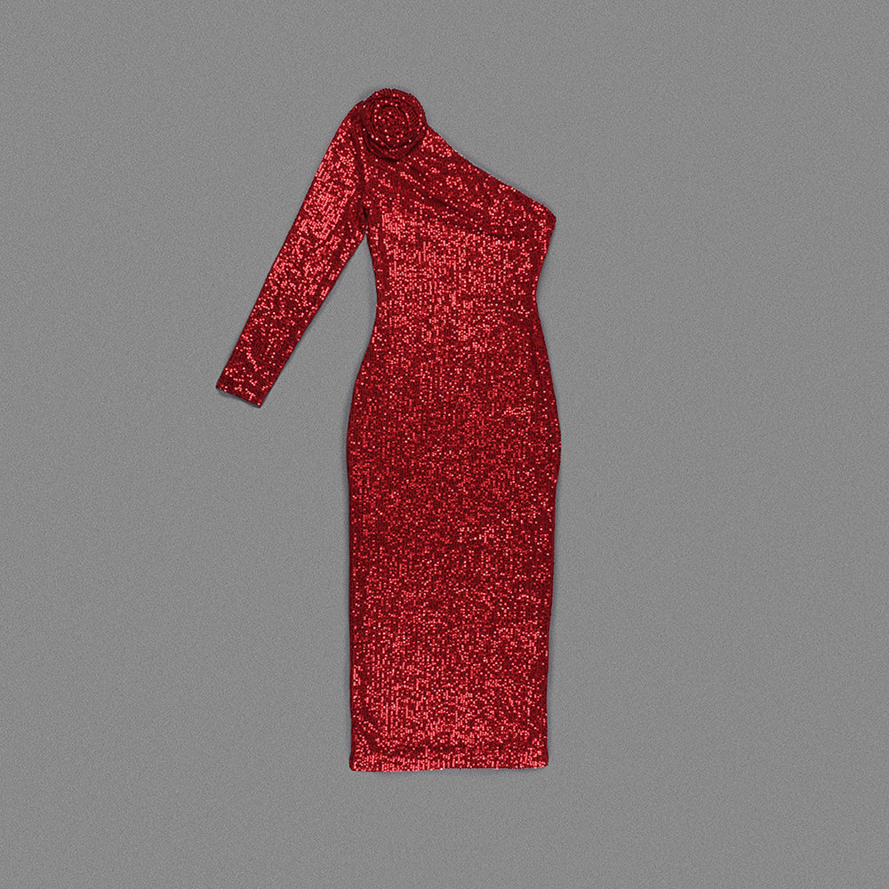 One Sleeve Sequin Midi Dress Red HV9898