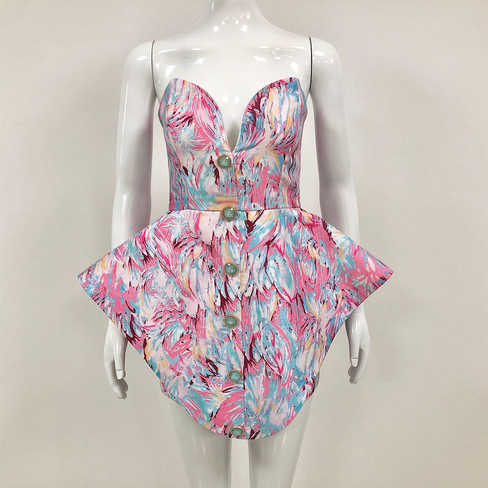 Strapless Peplum Dress Blue Hot Pink HV1704