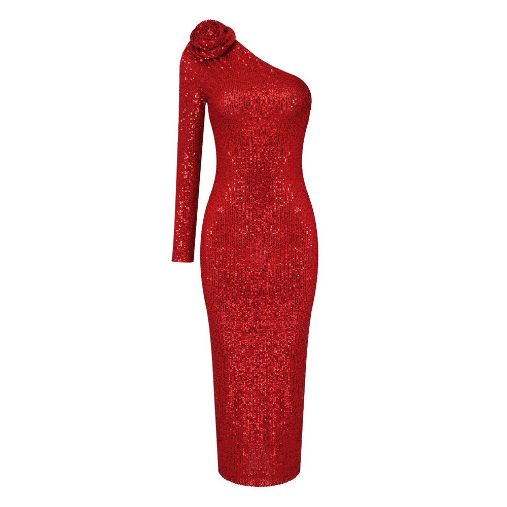 One Sleeve Sequin Midi Dress Red HV9898