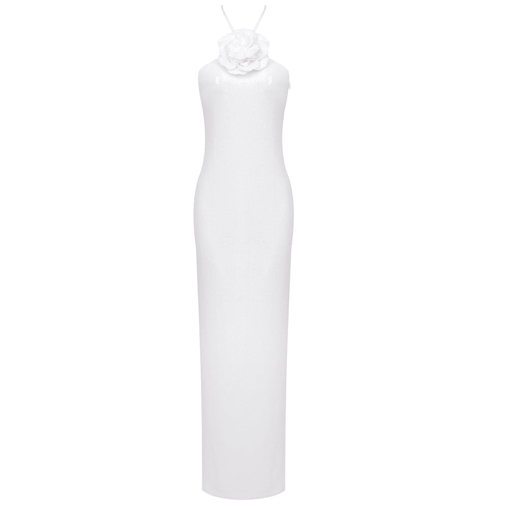 Halter Flower Sequin Maxi Dress White HV1410