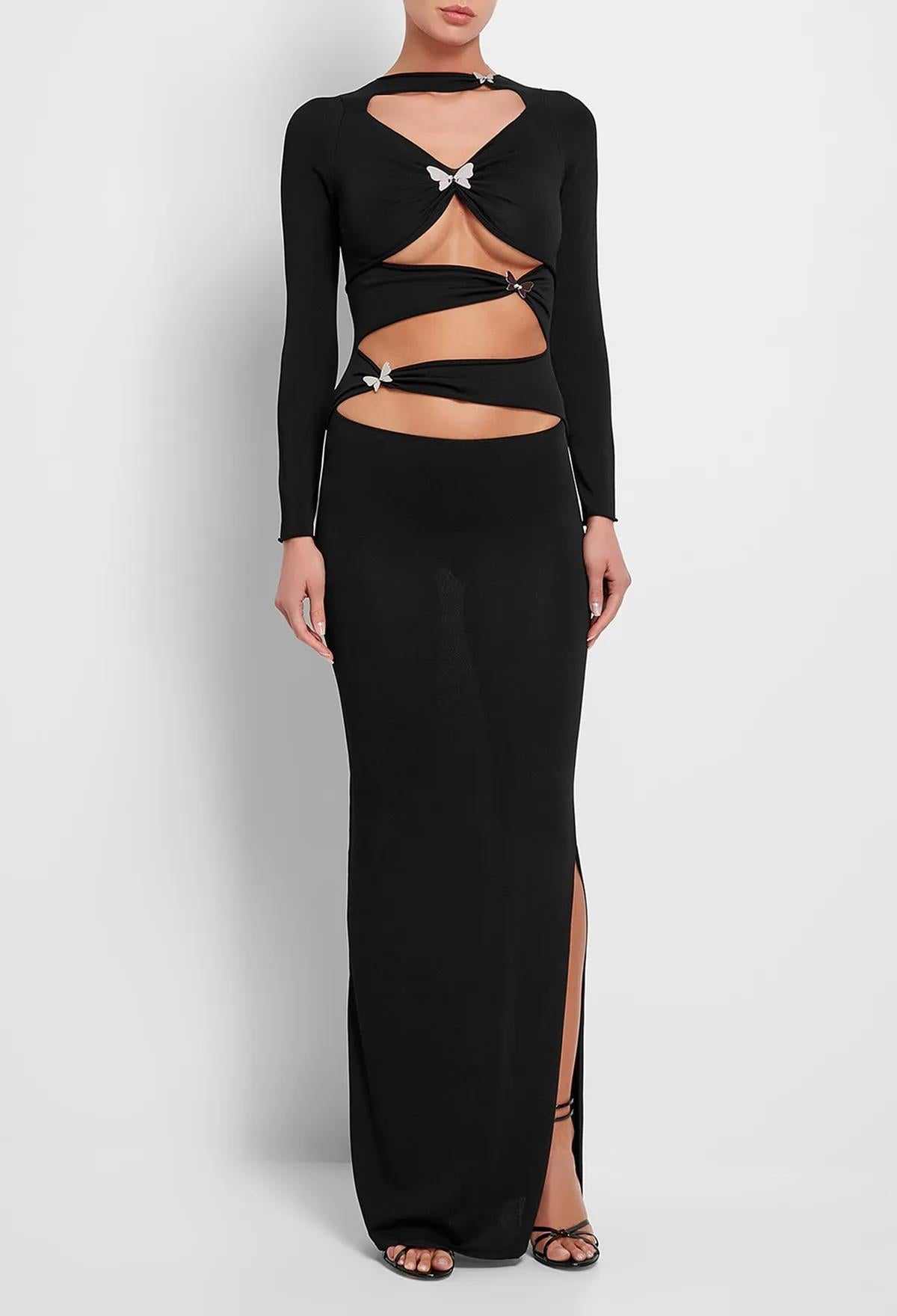 Long Sleeve Butterfly Cut Out Maxi Dress Black HV1067