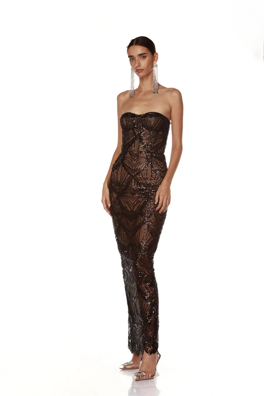 Strapless Bustier Sequin Maxi Dress Black HV1728