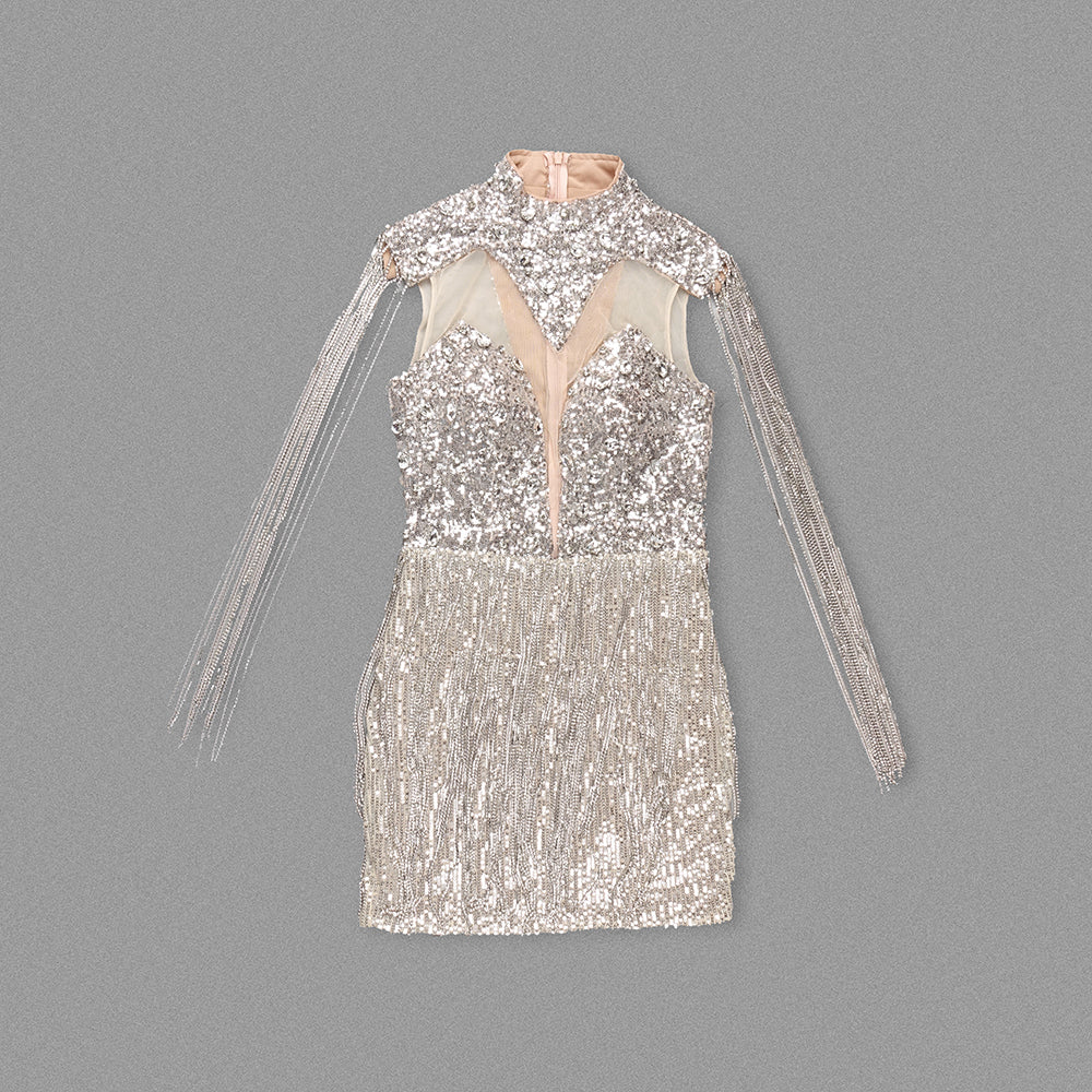 Crystal Sequin Tassel Dress Rose Silver HV1402