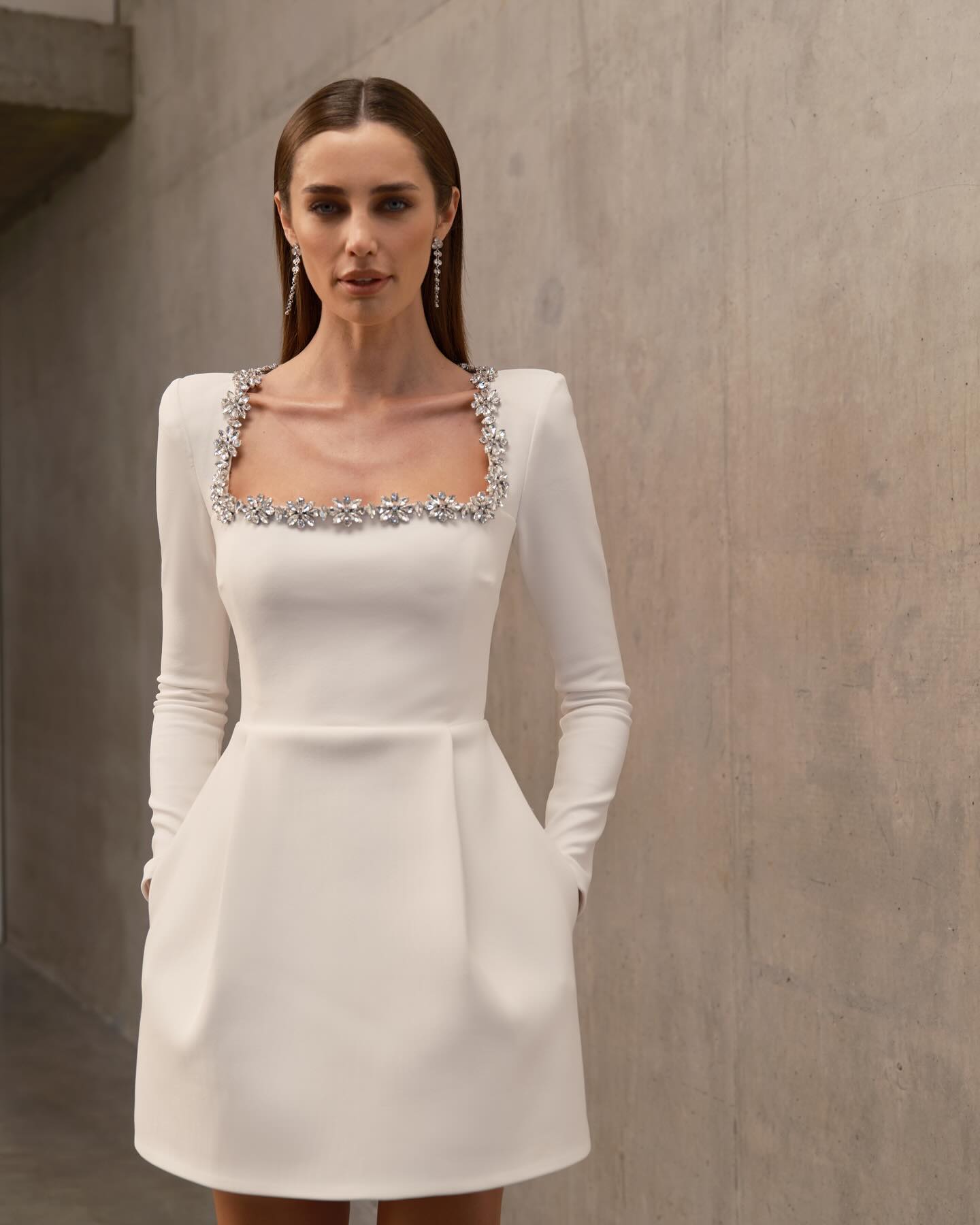 Long Sleeve Crystal A Line Dress White HV1295