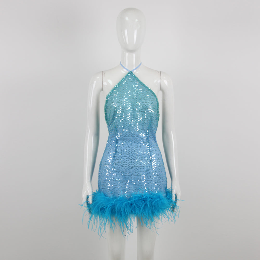 Halter Sequin Feather Hem Dress Blue HV9881