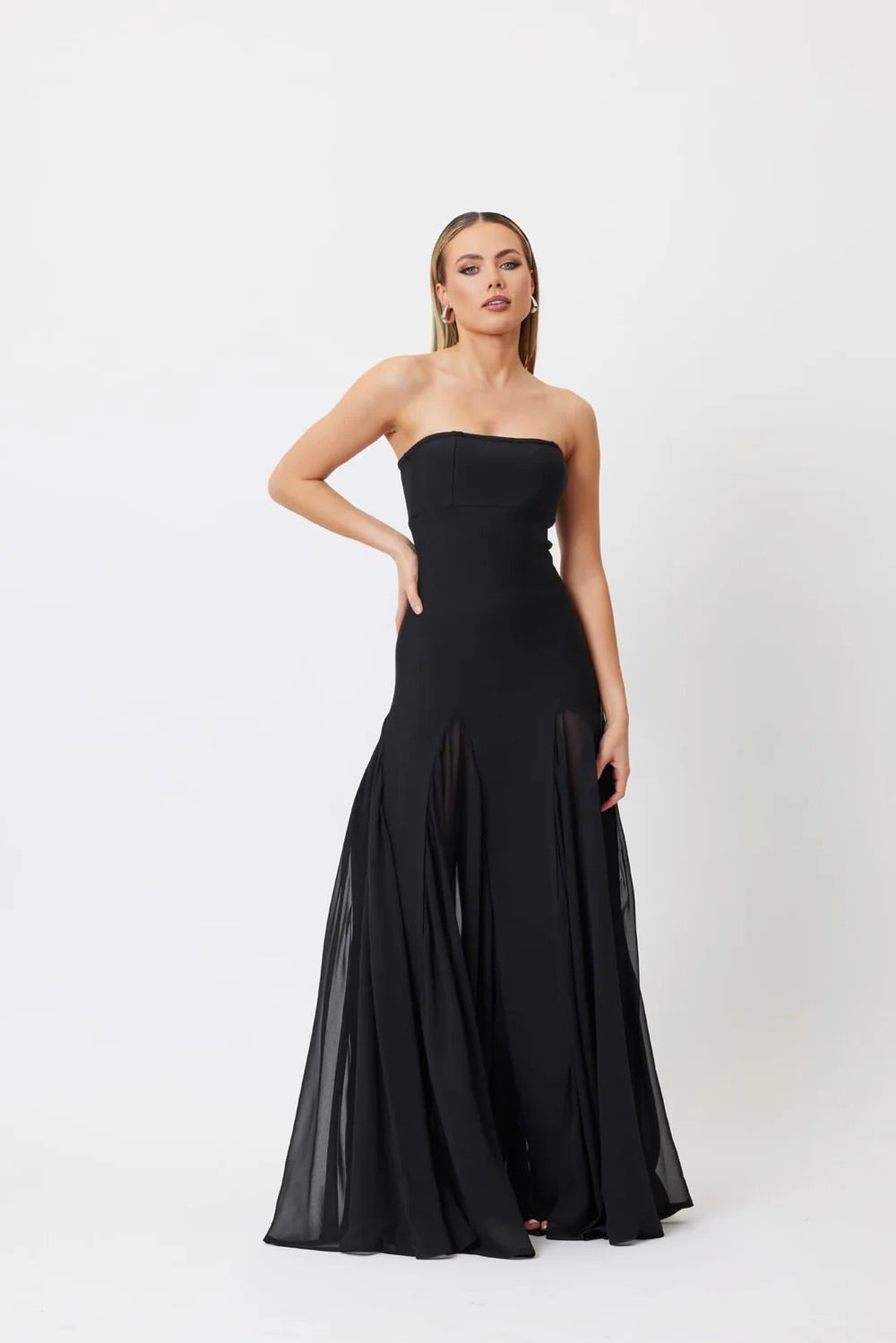 Strapless Mesh Insert A Line Maxi Dress HV1962
