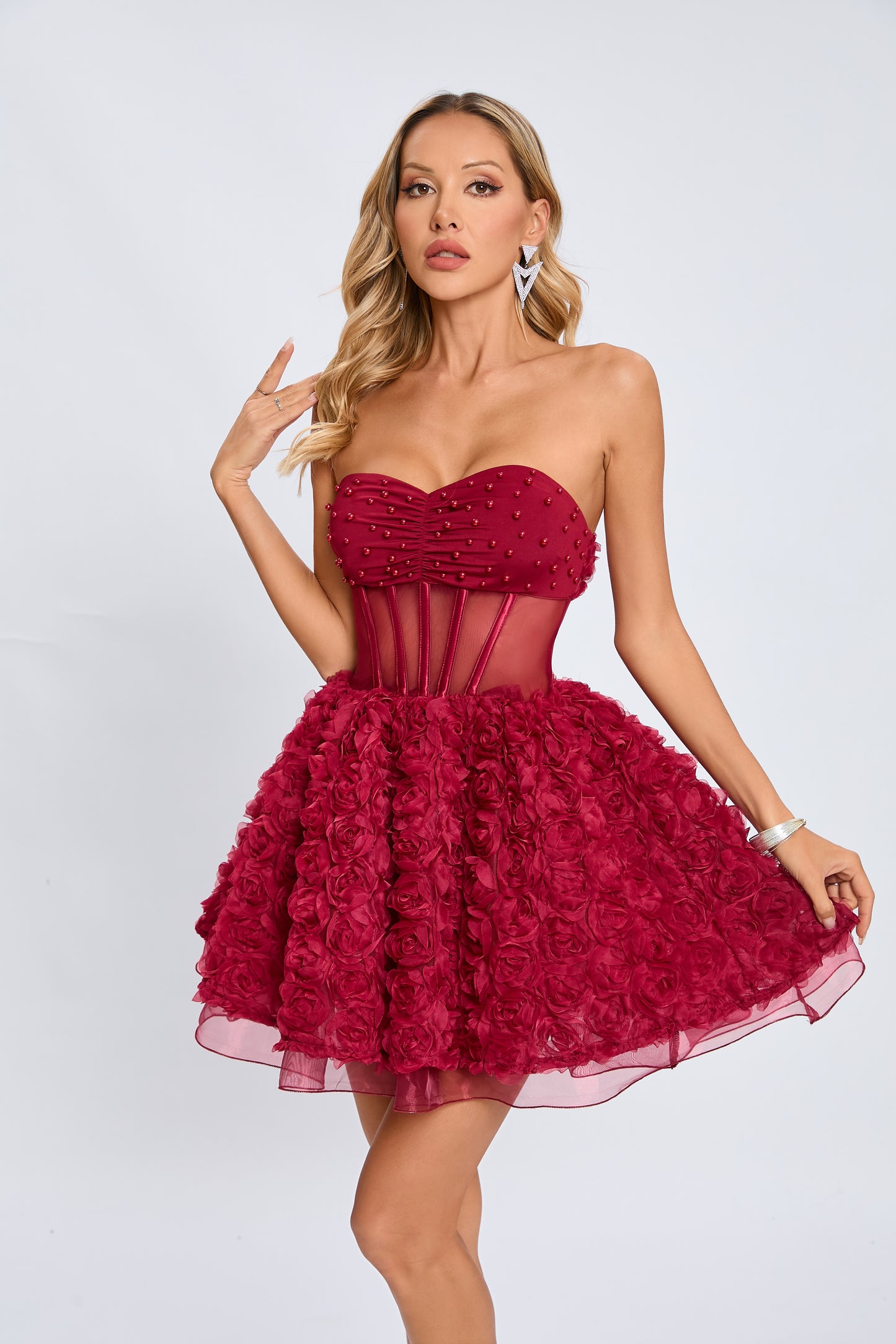Strapless 3D Floral A Line Dress Black HV2156
