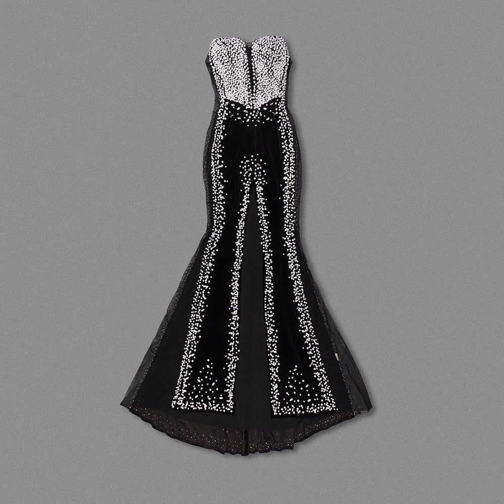 Strapless Crystal Pearl Maxi Velvet Dress Black HV1765